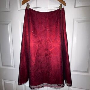 Express Y2K Sheer Mesh Midi Skirt Red Black Beaded Overlay